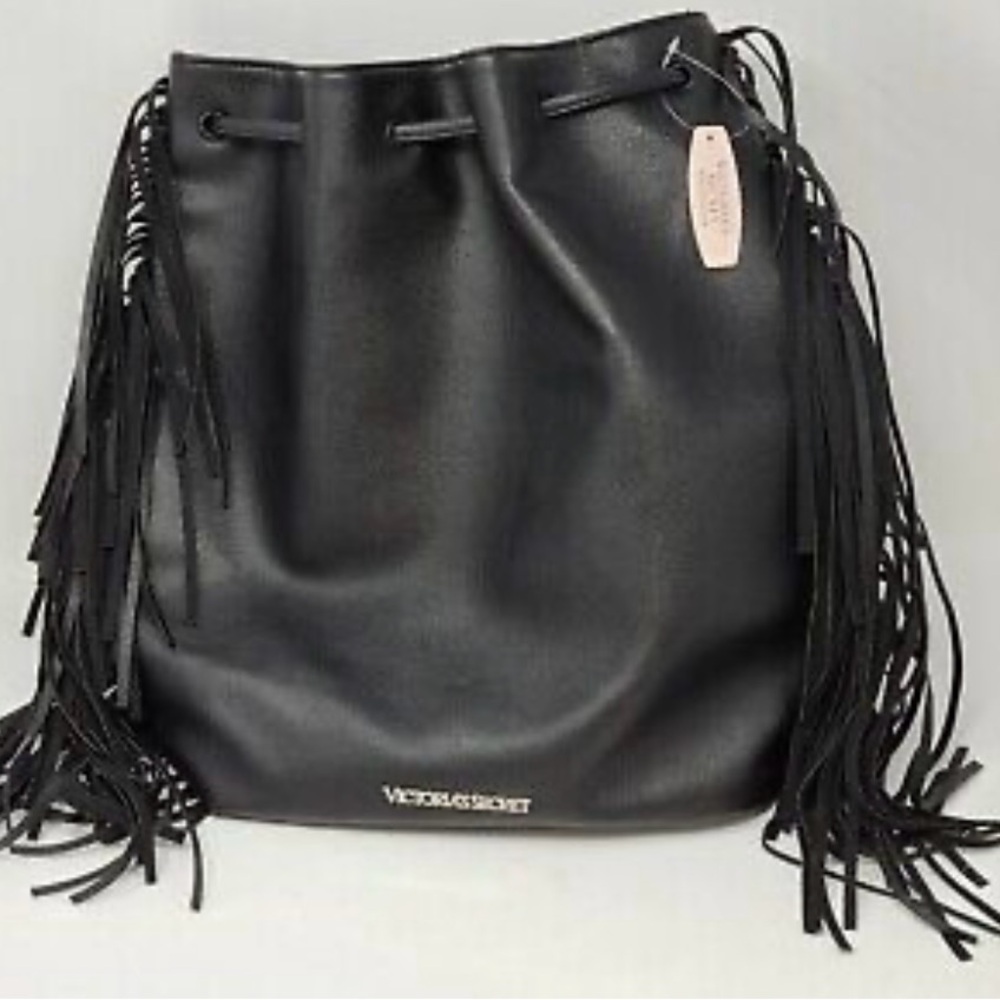 Victoria Secret Drawstring Black Fringe Bag